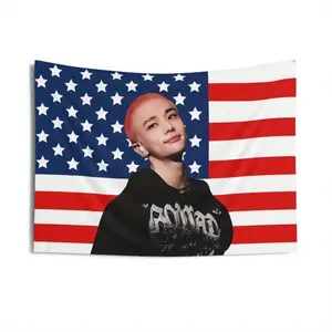 New SKZ Hyunjin Pink Buzz Cut Hair American Flag Tapestry Stray Concert Banner & SKZ DominAte 2025 Wall Decor Horizontal Peach Light Beige Durable Polyester Fabric No Electricity Needed For Home Fan Events & Outdoor Concert Ba 60X40 Decoration