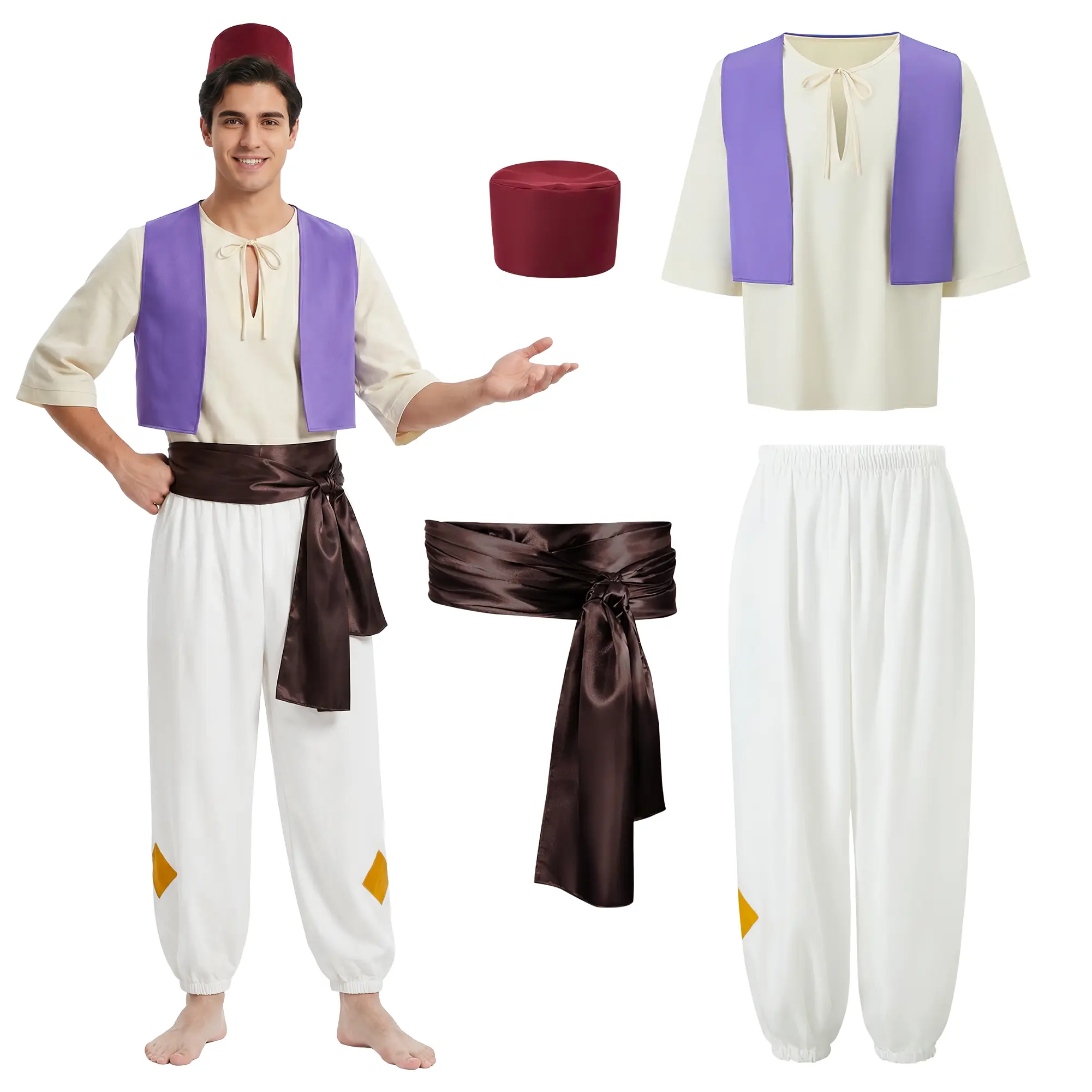 Men Arabian Prince Costume Set, Adult Classic Fairy Tale Outfit with Shirt, Purple Vest, Harem Pants, Sash and Red Hat, Halloween Fancy Dress Carnival Cosplay Costume