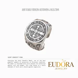 Adjustable Sterling Silver Ring Collection Saint Benedict St.Michael Tree of Life Tetragrammaton Spiritual Jewelry For Men First Communion Gift