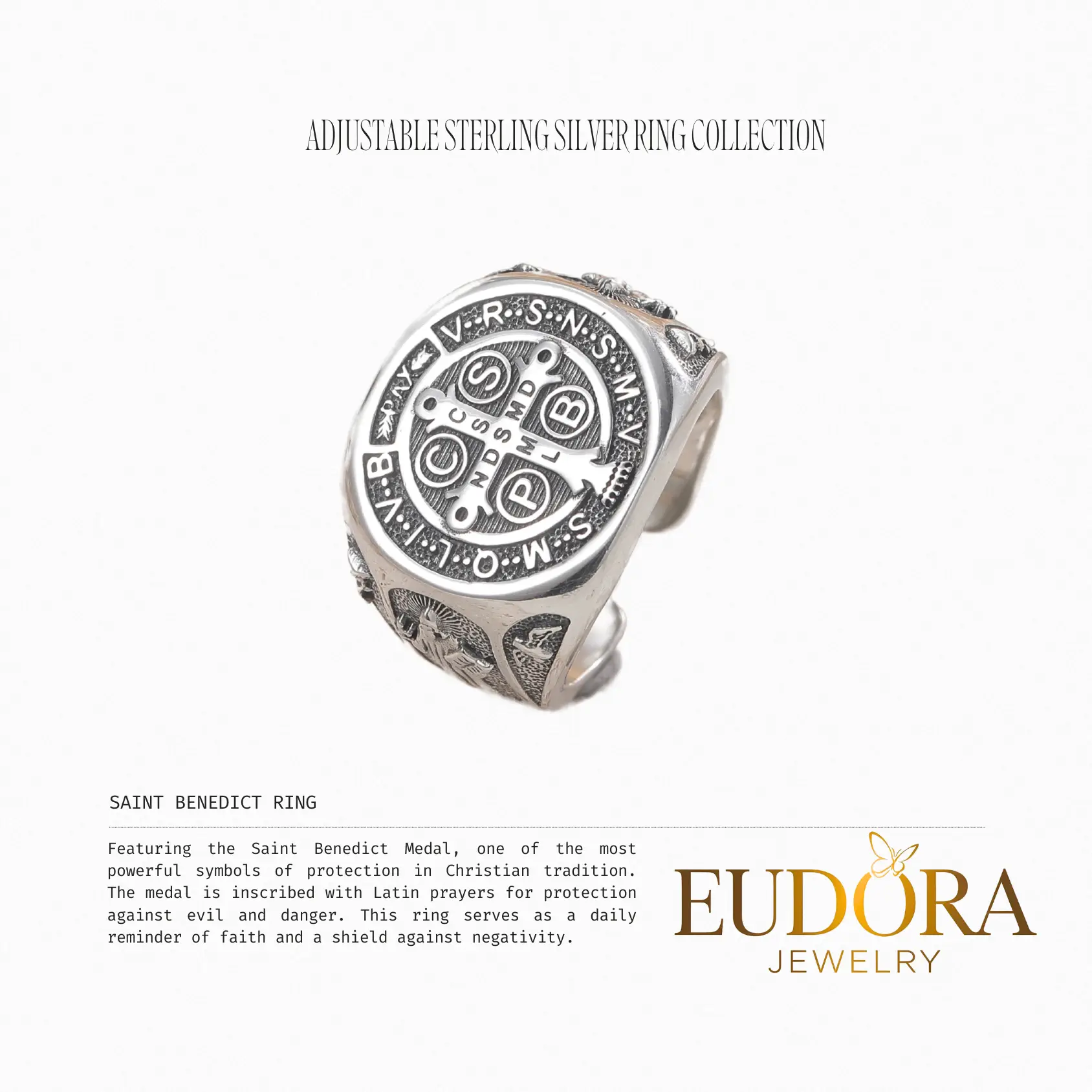 EUDORA Adjustable Sterling Silver Ring Collection Saint Benedict St.Michael Tree of Life Tetragrammaton Spiritual Jewelry For Men First Communion Gift