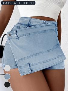 women's plain denim shorts, lady asymmetrical hem button pocket jeans skort, minimalist casual high waist jeans shorts for summer, shorts for women, summer clothes bottoms, womenswear, high stretchability, basic high waisted shorts