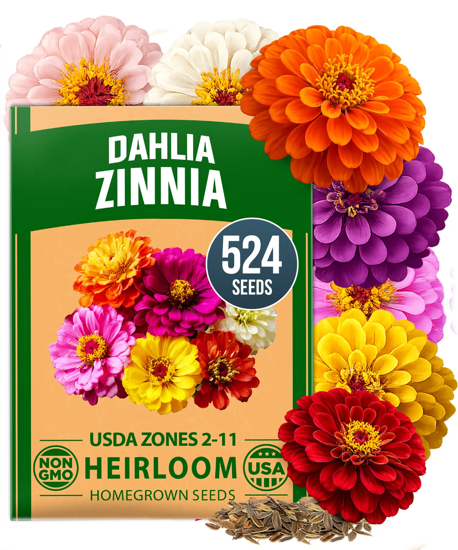 Zinnia Dahlia Seeds Pack- Bulk Flower Seeds to Plant Outside for Vibrant Blooms, 524 Zinnia Seeds Perfect for Pollinator-Friendly Gardens, Borders, and Containers (Zinnia Elegans)