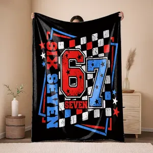 2D Flat Printing 1pc  The numbers 67 are red and blue Pattern Printed  Blanket Flannel Fleece All Season Light Weight Living Room/Bedroom Warm Blanket Slogan Print Blanket