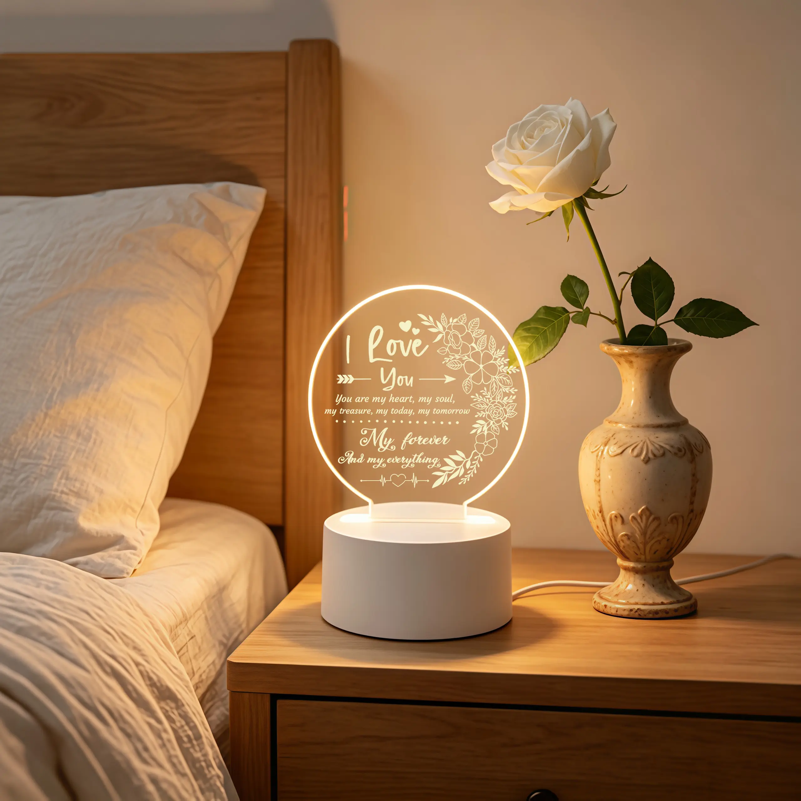 Personalized Heart Shape Light - Engraved Floral Heart ECG "I Love You" Acrylic LED Night Light, Decorative Atmosphere Lamp with Soft Ambient Lighting, Valentine's Day Gift for Couples, Engraved Design
