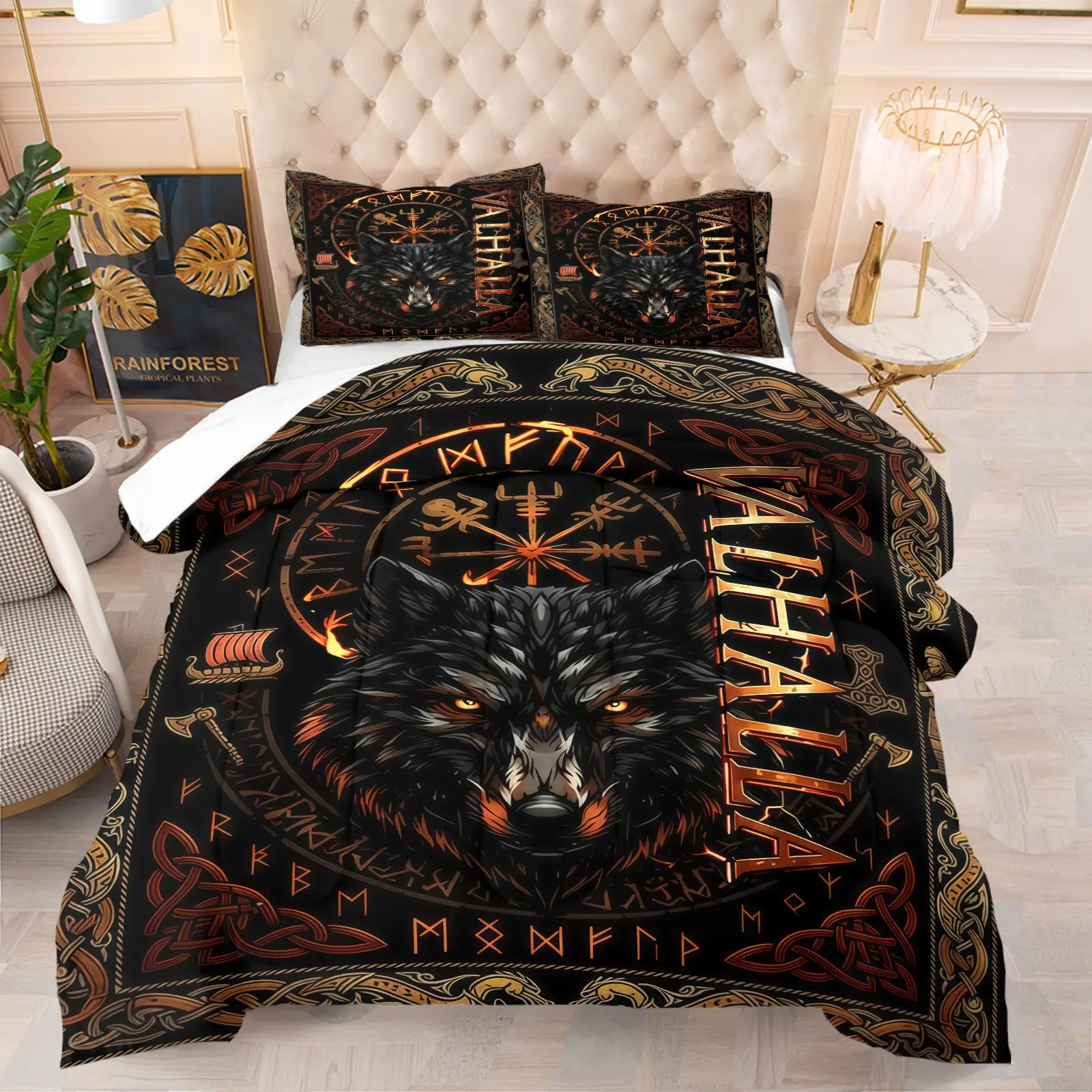 Nordic Hall Of Valor Wolf Theme Comforter Set, Cozy Bedding Set, Viking Mythology Bedding Set (1 Comforter + 1/2 Pillow Case, No Pillow Core), Suitable For Men, Gamers, Viking Culture Enthusiasts, Bedrooms, Dormitories