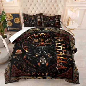 Nordic Hall Of Valor Wolf Theme Comforter Set, Viking Mythology Gothic Style Bedding Set (1 Comforter + 1/2 Pillow Case, No Pillow Core), Suitable For Men, Gamers, Viking Culture Enthusiasts, Bedrooms, Dormitories, Men's Leisure Space Scenes