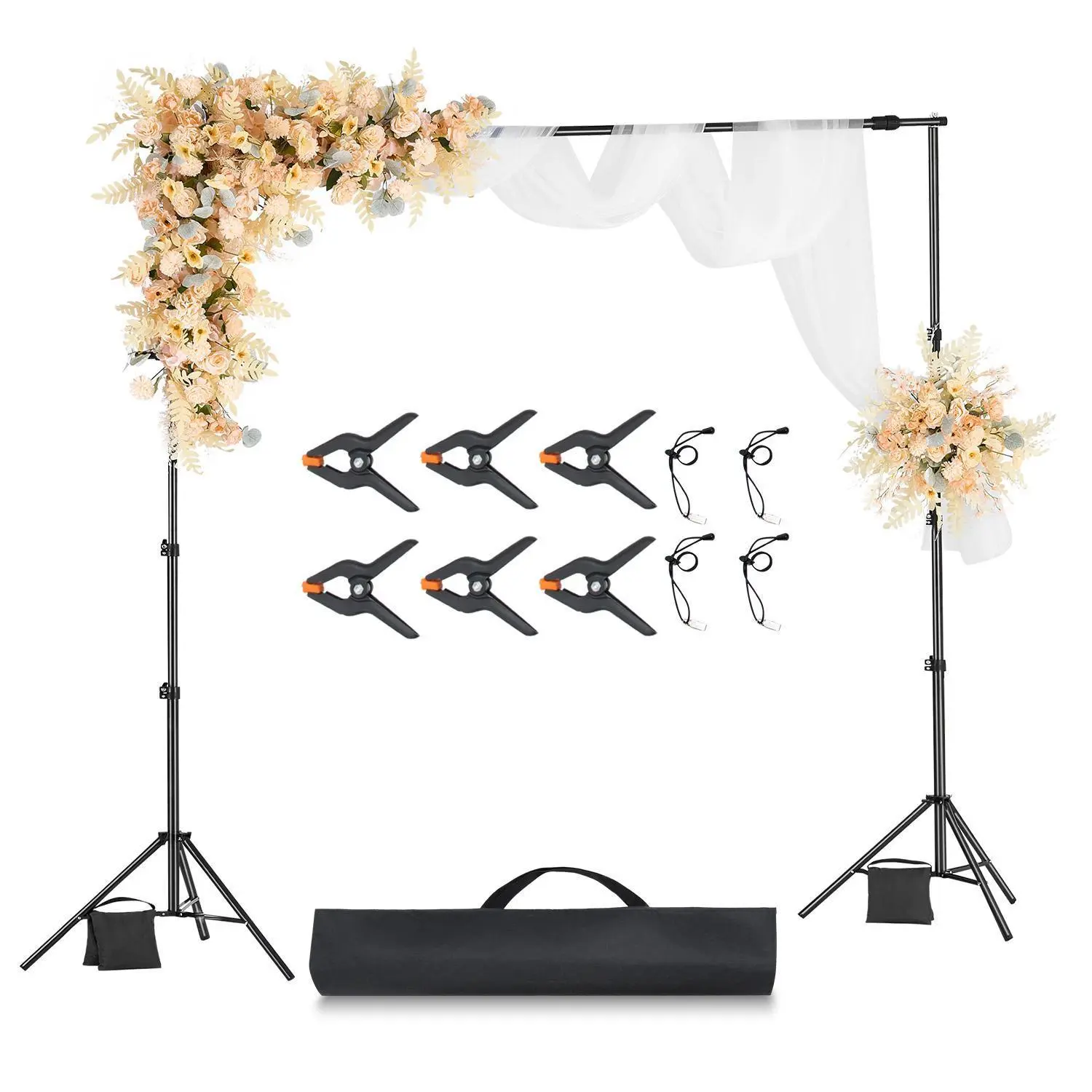 VEVOR Adjustable Carbon Steel Backdrop Stand Kit with 2 Tripod Holders, 2.4 ft-8.5 ft Height Range, 10 lbs Load Capacity, Sandbags for Outdoors, Wrinklefree Clips, Carry-Friendly for Party & Photo Studio