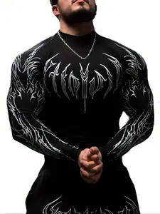 2026 Men'S Gym Wear Compression Long Sleeve Shirt - High Neck Muscle Fitness Tee with Geometric Print, Contrast Design, Stretchy & Slim Fit for Gym, Running, Sports Apparel, Athletic Compression Shirts| Athletic Shirt
