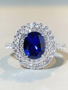 Pure Silver Blue Sapphire Ring for Women, High-End Style, Oval Cut Gemstone, Elegant Fashion Accessory