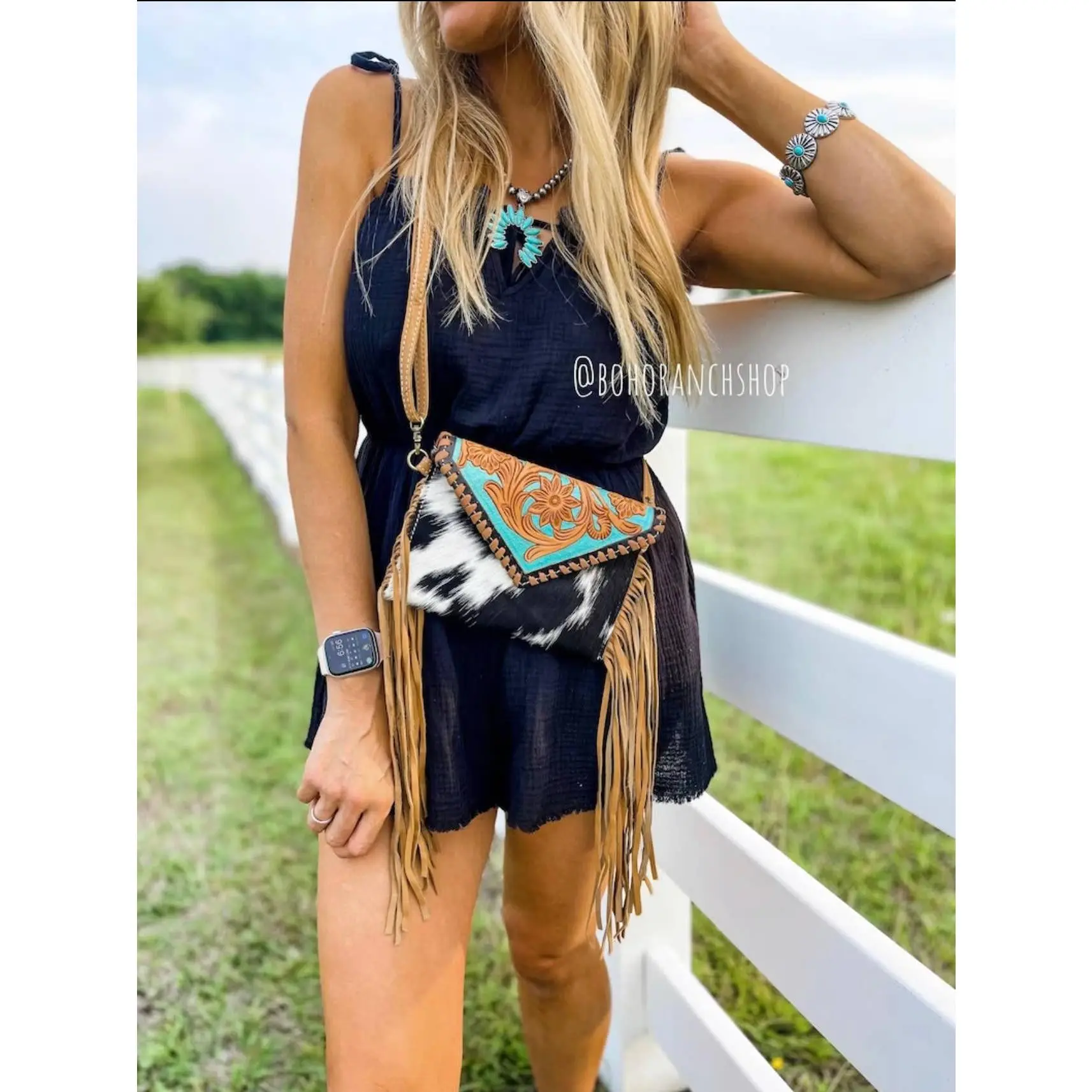Women's Cassie Tooled Fringe Crossbody Bag - Turquoise, Cow Hide Women's Crossbody & Shoulder Bag, Cow Hide Women's Crossbody & Shoulder Bags