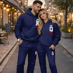 Couple's “K” and “Q” Crown and Heart Print Hoodie and Sweatpants Set, Casual Sportswear, Long-Sleeve Hooded Jacket and Pants, Suitable for Autumn, Winter, and Spring, Everyday Wear, Tracksuit