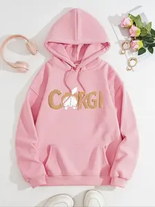 Women's Casual Corgi Dog Pattern Fleece Hoodie with Front Pocket, Comfortable Winter Pullover, Fall & Winter Fashion