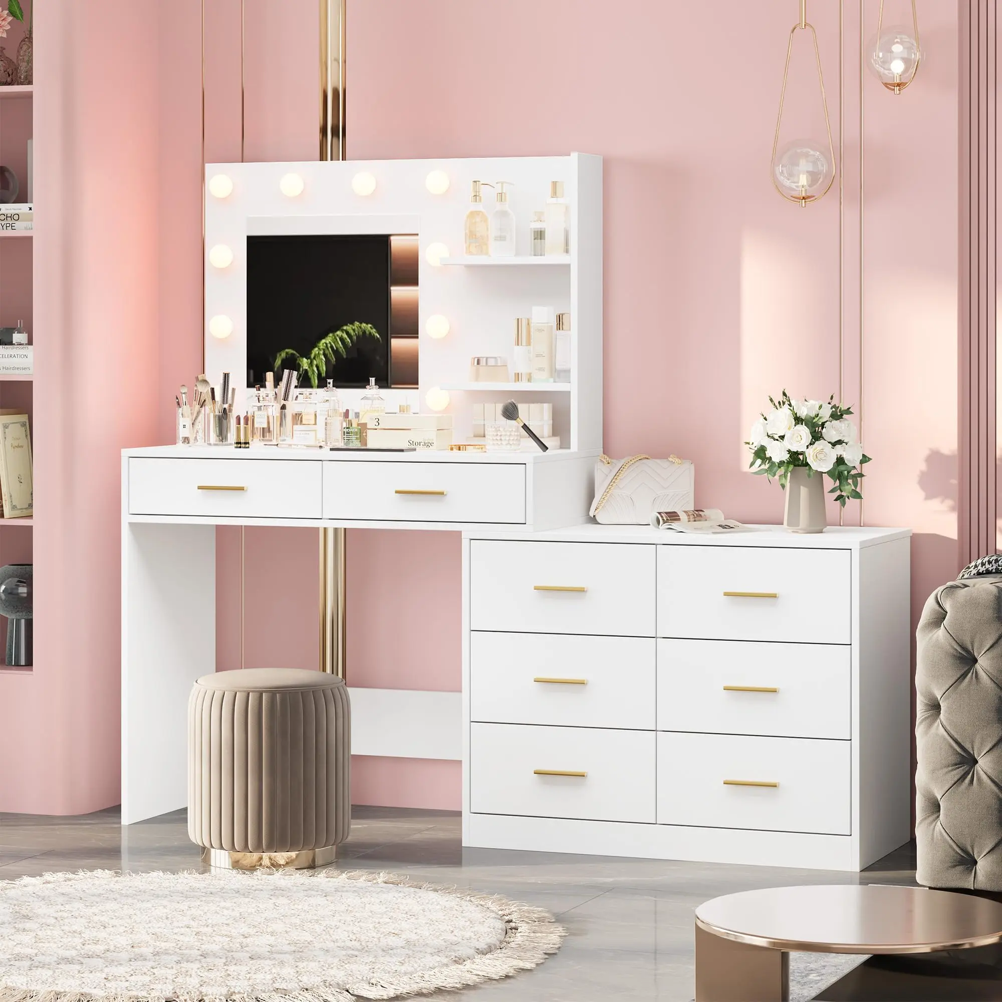 Garvee Vanity Desk Table with Lighted Mirror 61” Makeup Vanity for Women with 8 Storage Drawers, Adjustable 3-Color Lighting and Brightness, Ideal for Bedroom or Dressing Room