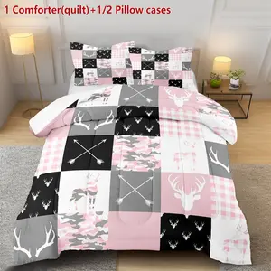 Three-piece pink deer antler check quilt set (includes 1 quilt + 2 pillowcases, no pillow inserts). The quilt is filled with 200g of digitally printed polyester fabric, which is soft and breathable. Suitable for bedrooms, dormitories, and homes.