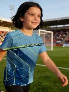 girl child jersey Geometric Lines And Shapes Pattern Breathable, light, and comfortable short sleeve T-shirt polyester elastic machine washable soft and breathable texture comfortable training sports summer quick-dry