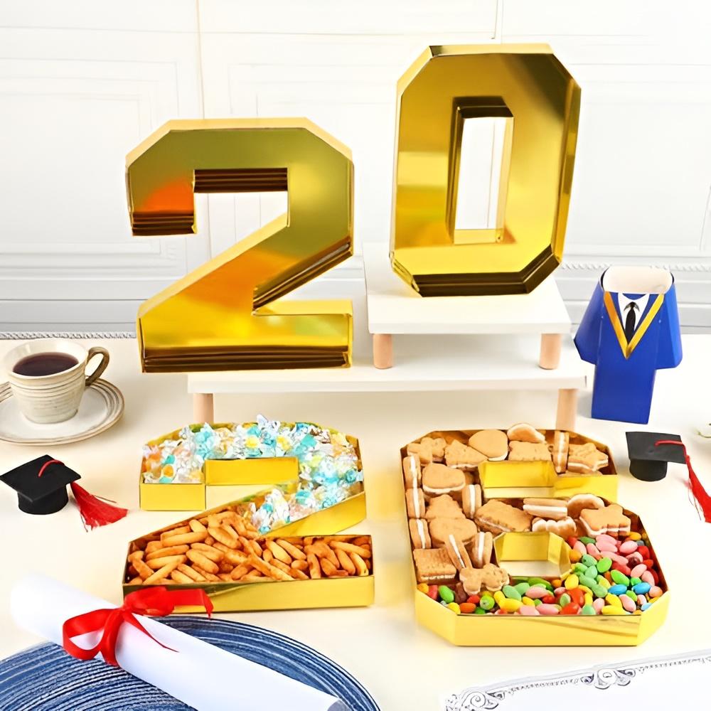 4 Pcs 2026 Graduation Fillable Number Trays 10" Cardboard Charcuterie, Dessert & Snack Serving Trays for Class of 2026 Party Supplies