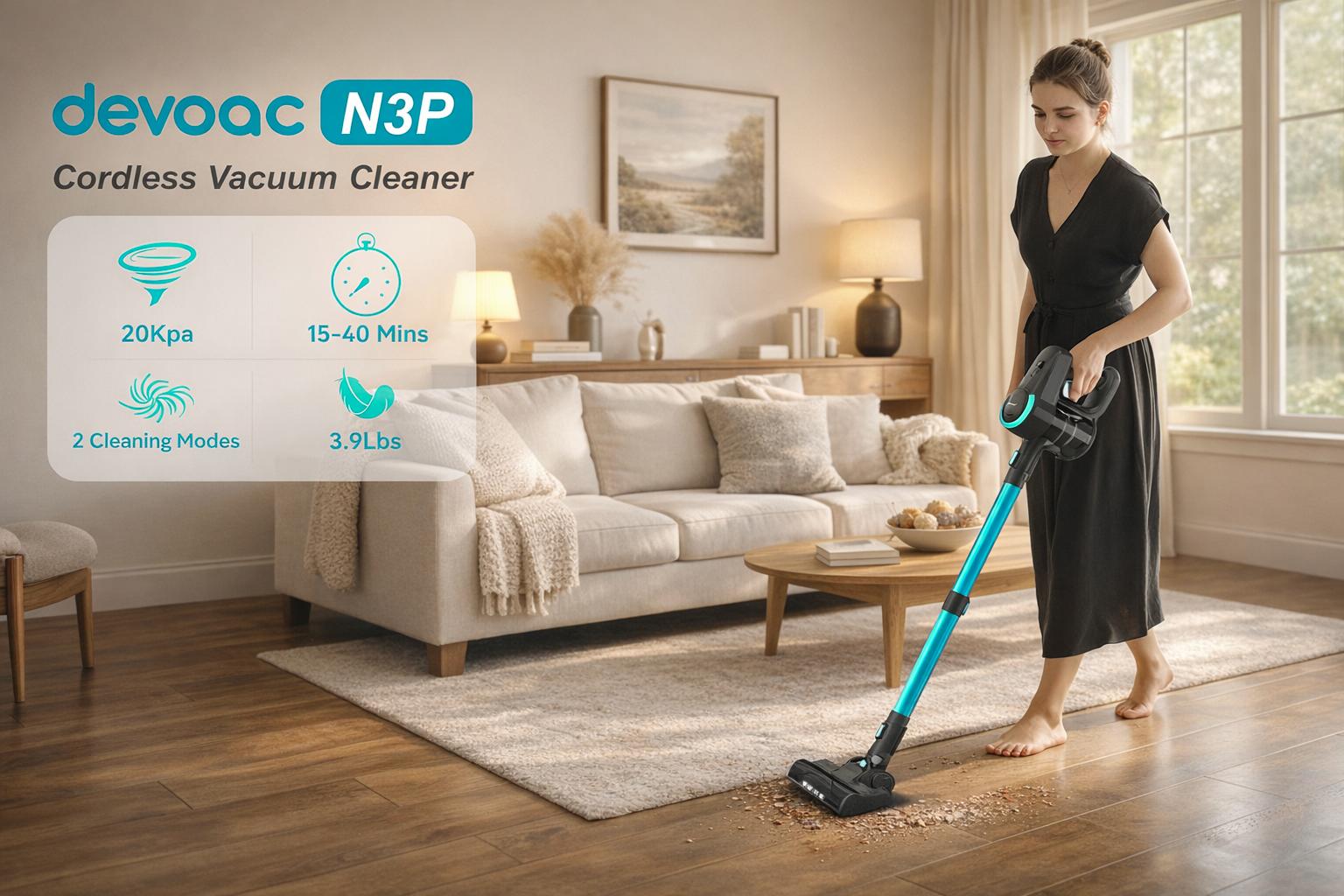 [MemorialDay]Devoac Cordless Vacuum Cleaner,8-in-1 Rechargeable Stick Vacuum,Up to 40mins Runtime,Powerful Suction,Lightweight,Versatile for Hardwood Floors\Car\Carpets\Pet Hair