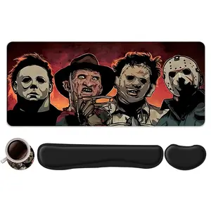 4pcs Horror Serial Killer Design Mouse Pad + Keyboard Wrist Rest + Ergonomic Mouse Pad + Coaster Set For Desktop Decoration, Office Accessories Set Ergonomic Wrist Support, Computer Mat Mouse Pad Coaster Suitable For Home Office Gaming, Gaming Mousepad