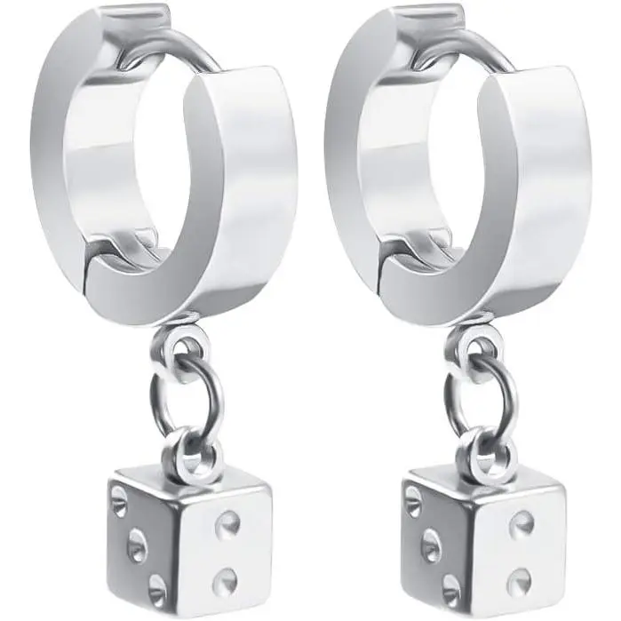Stainless Steel Unisex Dice Dangle Huggie Hoop Earrings for Men Women Hinged Earrings Piercing