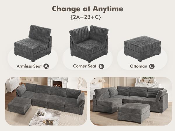 【DIY Combination】Ovios Modular Sectional Sofa, Mix and Match Pieces for Living Room, Comfy Cloud Couches with Movable Ottoman, L/U-Shaped Flexible Configuration, Plush Corduroy - 400 lbs Seat Capacity