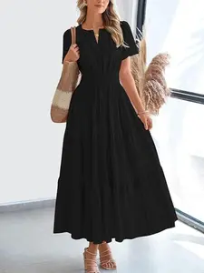 Women's Loose Short Sleeved Spring Summer Dress, V-Neck Pleated Bubble Sleeves, Layered Large Swing Dress, Fashionable Cross-Border Clothing
