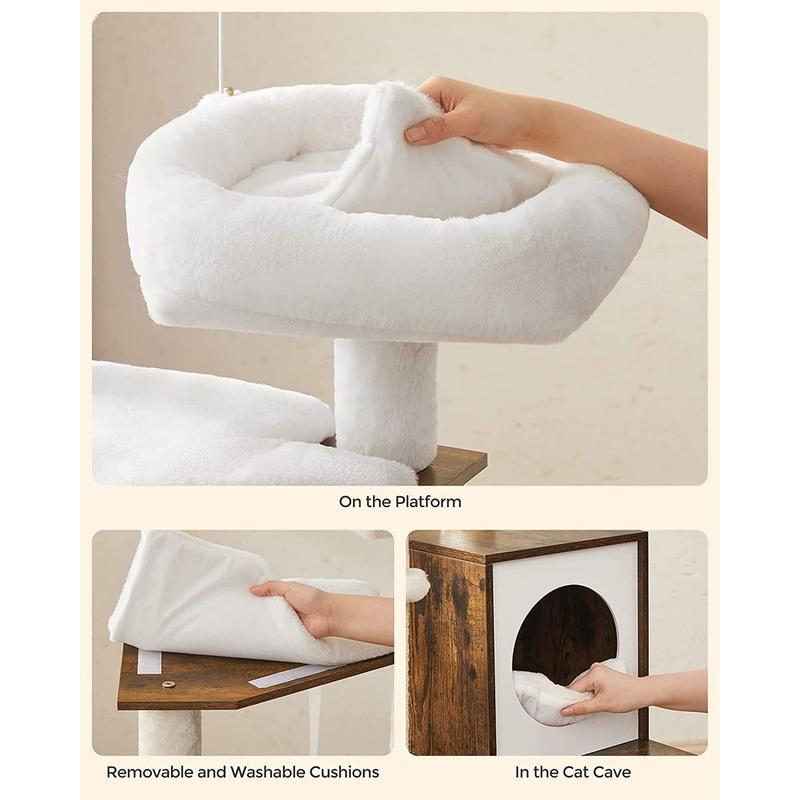 Feandrea Cat Tree with Litter Box Enclosure, 2-in-1 Modern Cat Tower, 55.1-Inch Cat Condo with Scratching Posts, Removable Pompom Sticks