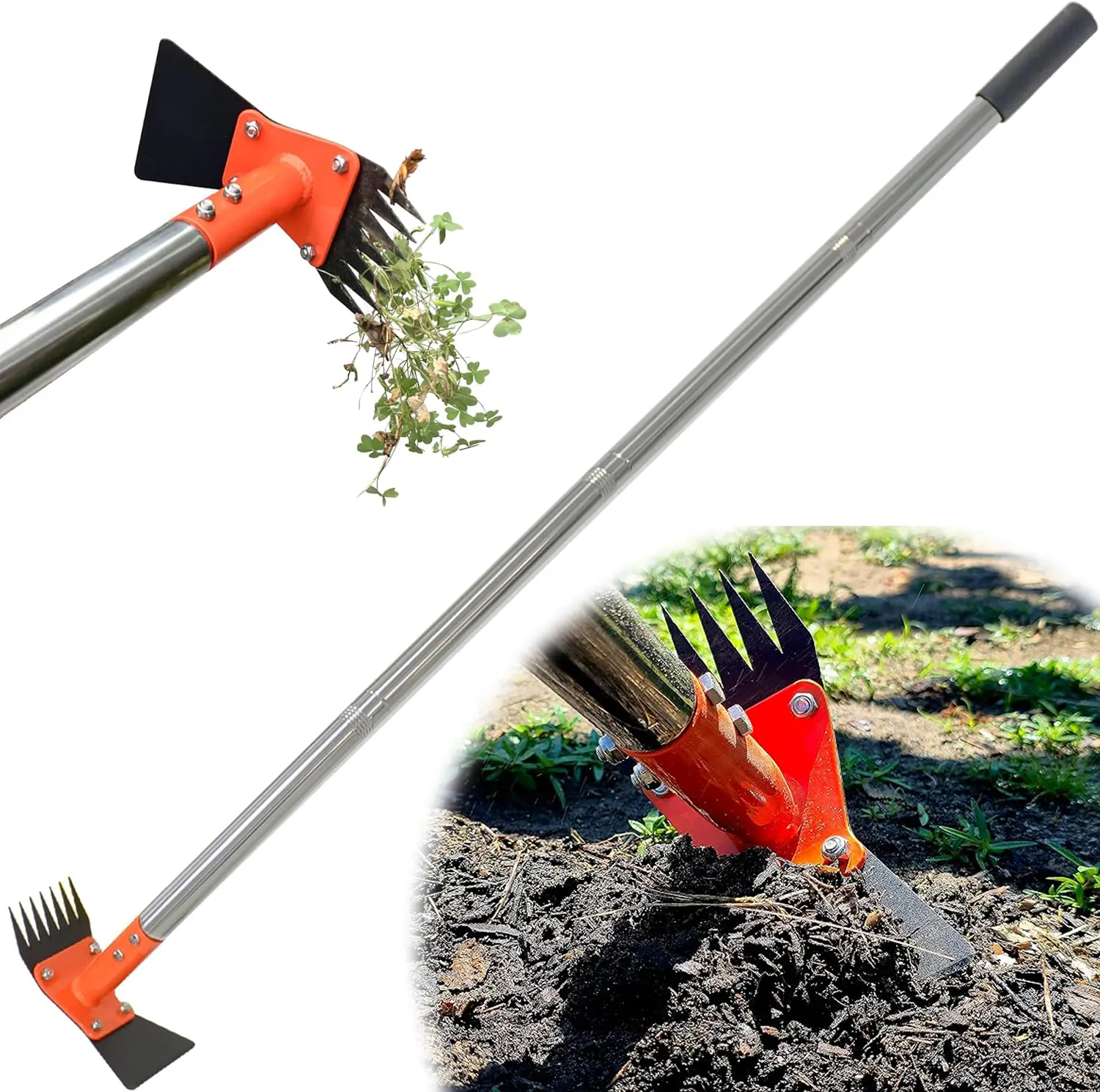 CKLT 2-in-1 Garden Hoe and Weed Puller Rake 60 Inch Adjustable Long Handle Weeding Tool with Dual Functionality for Efficient Gardening