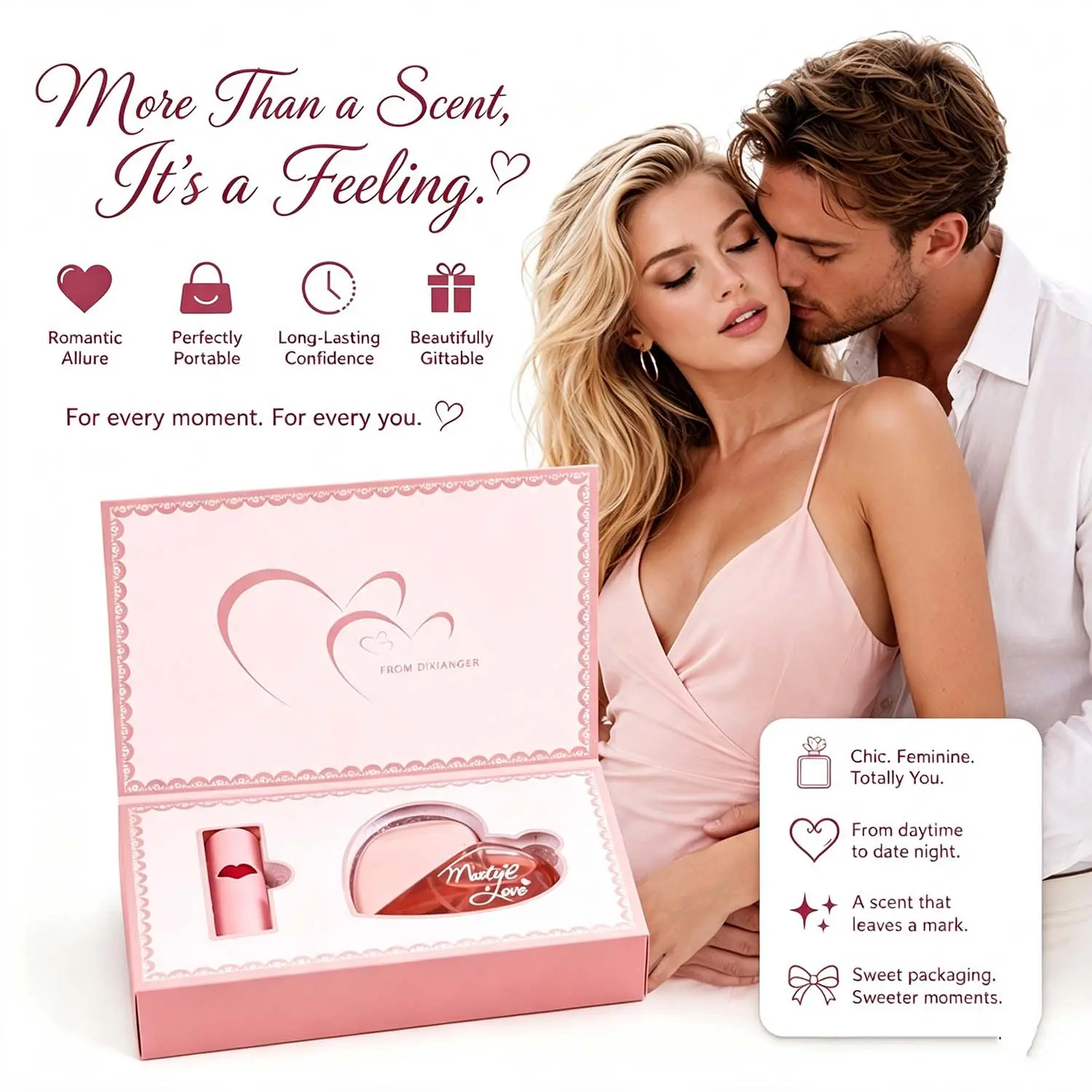 Pheromone Perfume for Women, Pink Heart Gift Set, Perfume & Lipstick, Infused with Premium Pheromone Formula, Long Lasting Floral Woody Scent, Captivating Impression, Romantic Evenings, Ideal Valentine's Day Gift for Her 50ml