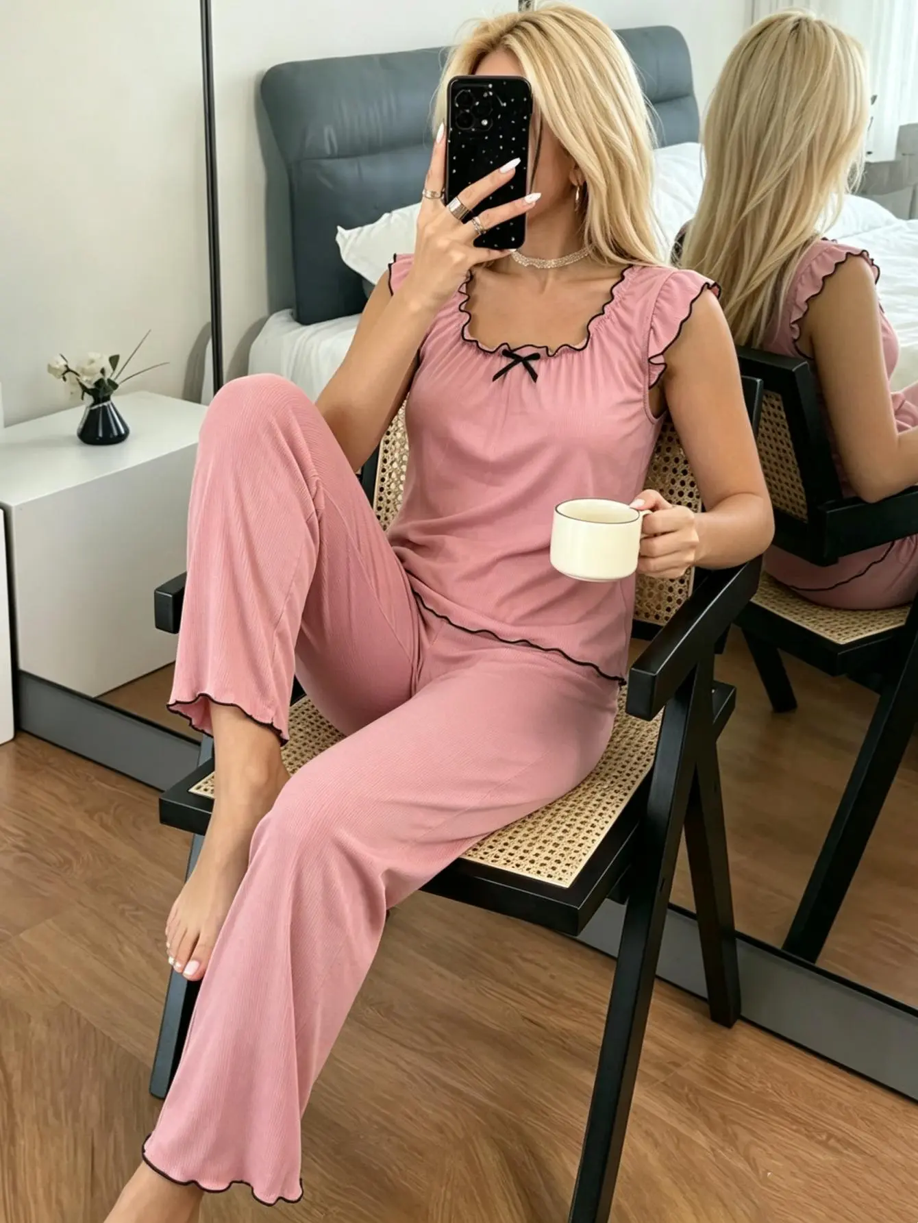Women's Summer Lightweight 2-Piece Pajama Sets - Knitting Sleeveless Ruffled Trim Striped Camisole with Bow Detail, Loose Long Pants, Comfy Sets for Darling Loungewear & Home Outfits, Loungewear Sets, Casual Loungewear Sets