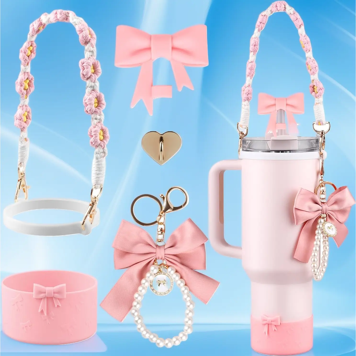 Bow Straw Cover, Water Bottle Handle Strap, Silicone Cup Boot, Pearl Charms, Straw Topper for 40oz & 30oz Stanley Tumbler for Women – Cup Accessories Set (Pink)