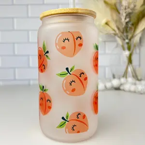 Peaches Glass Cup With Lid And Straw