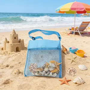 4-Piece Beach Shell Storage Bags, Adjustable Buckle Mesh Bag, Colorful Sand Bag, Crossbody Trash Bag, Nylon Material, Ideal for Beach Activities