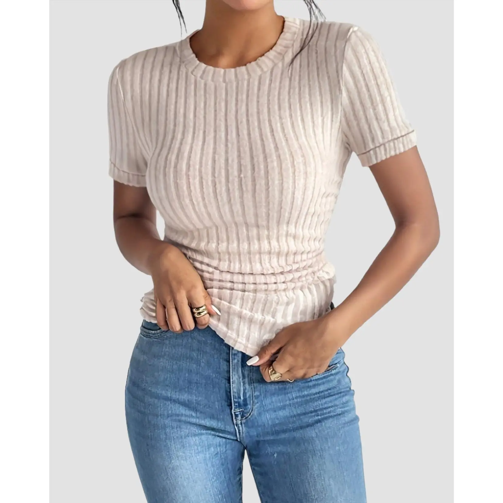 Women's Solid Color Ribbed Ruched T-shirt