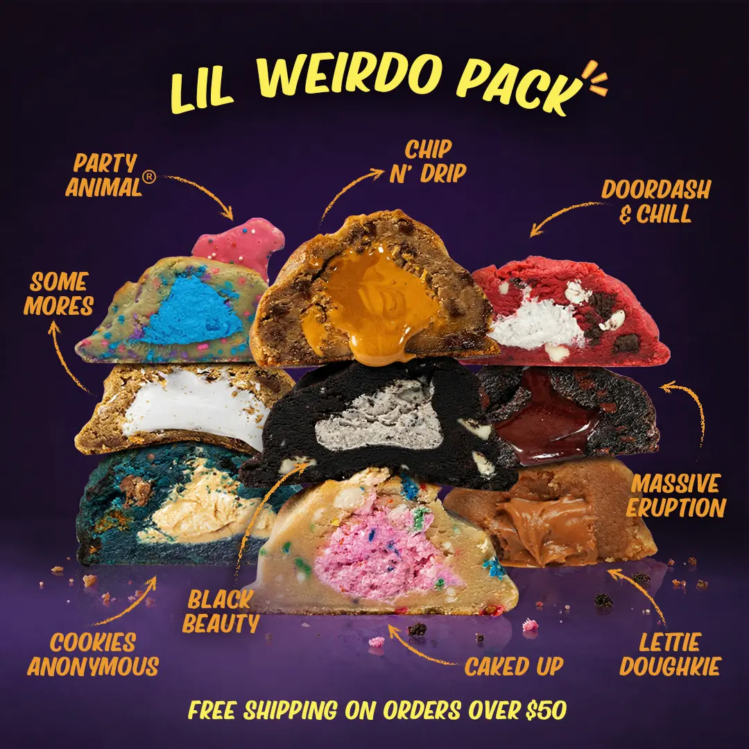 Lil' Weirdo Mini Stuffed Cookies, Chocolate, Caramel, Birthday Cake & Cookies & Cream, Assorted Cookie Snack Pack, 9ct & 18ct