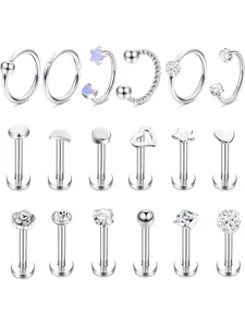 18 Pcs 16G Tragus Earrings Surgical Steel Labret Studs Side Labret Jewelry Flat Back Nose Ring Septum Lip Conch Cartilage Helix Piercing Jewellery Nose Rings Set