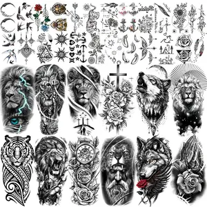 36 Sheets Waterproof Durable 3D Black Tribal Realistic Lion Temporary Tattoos Kit for Teens, Gothic Flower Tiger Wolf Warrior Gladiator Skull Skeleton Halloween Half Arm/Leg Stickers for Adults