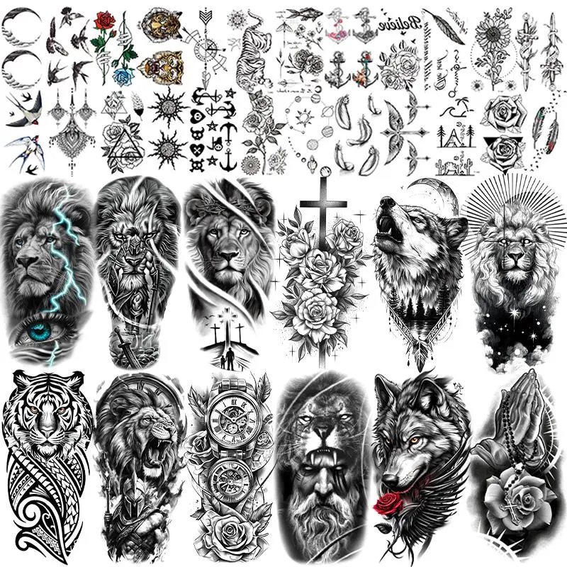 36-Sheet Long-Lasting Waterproof Removable 3D Fake Sleeve Tattoos Kit - Non-Toxic Ink with Black Tribal Lion, Gothic Flower, Tiger, Wolf, Warrior, Gladiator, Skull, Skeleton, Ghost, Pirate, Bat Designs for Teens - Halloween, Birthday Party Use, Durable, R