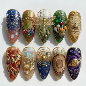 Cat Eye Press On Nails 3D Magical Forest Unique Gothic Dragonfly Saturn Mushroom Galaxy
