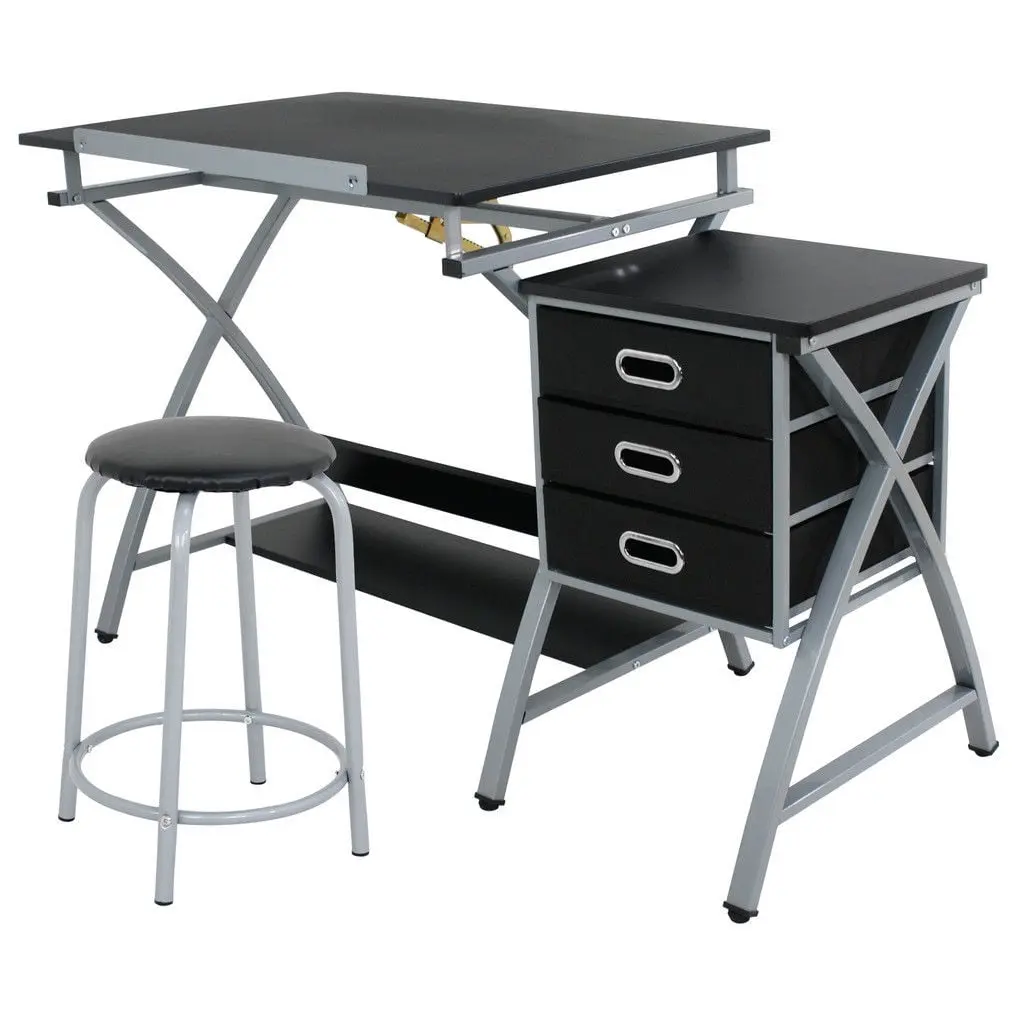 Adjustable MDF-Steel Drafting Table - Art Workstation, Artist Desk with Multiple Drawers, Angle-Adjust Desk and Stool for Art & Craft Hobbies
