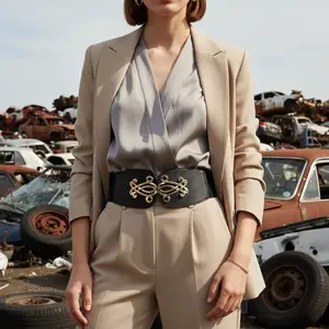 Women's Black Wide Elastic Waistband Fashion Belt with Gold Metal Interlocking Buckle WB31 Adjustable S/M Faux Leather High Waist or Hip Belt for Dresses & Blazers