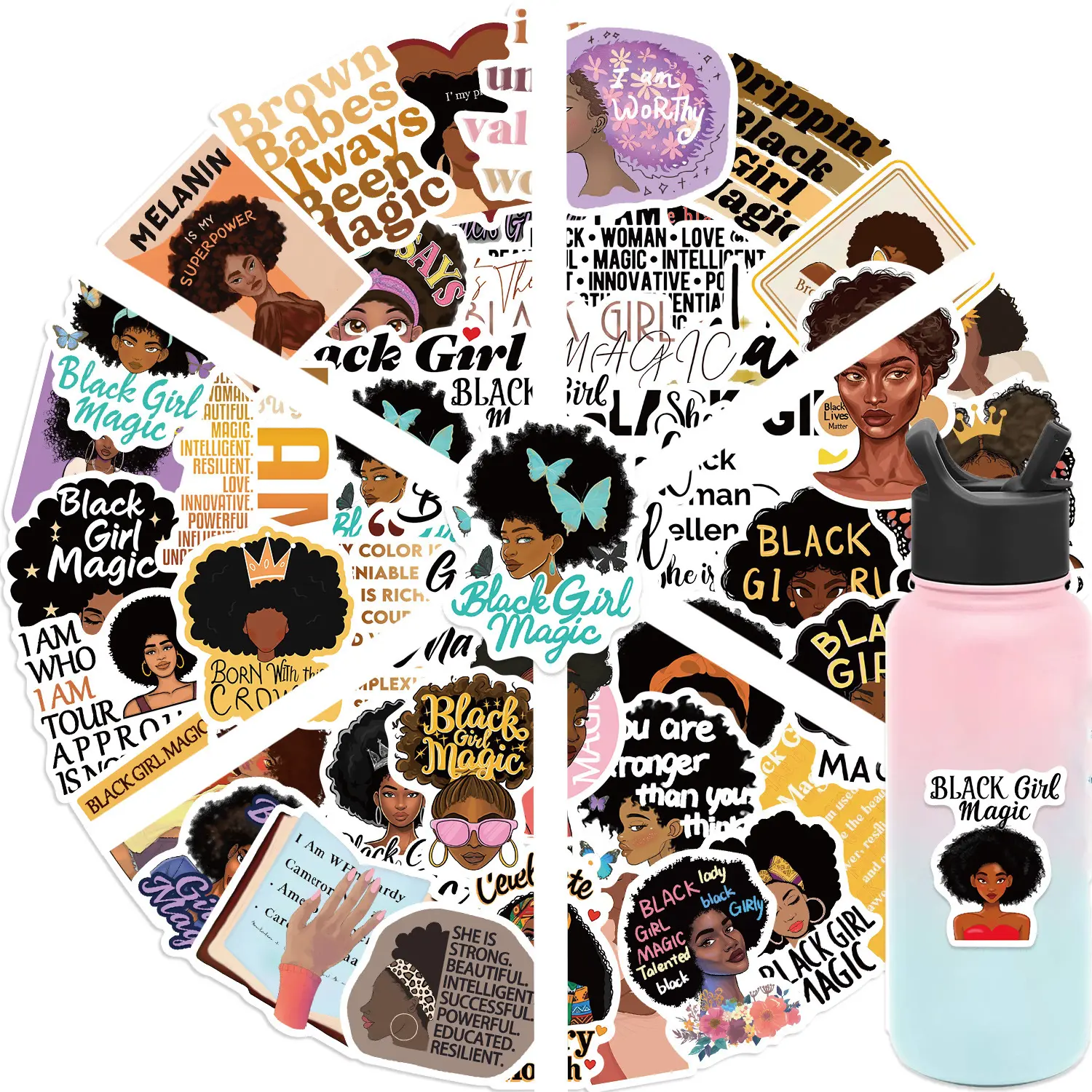 50pcs Cartoon Black Girl Magic Doodle Stickers, Decal Sticker, Sticker Packs for DIY Decorating Tablets, Luggage, Notebooks - Waterproof, Removable PVC Stickers for Kids