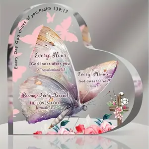 Butterfly Pattern Acrylic Heart Shaped Ornament, Creative Christian Scripture Prayer Inspirational Gift, Table Decoration, Keepsake, Signs, Heart Plaque