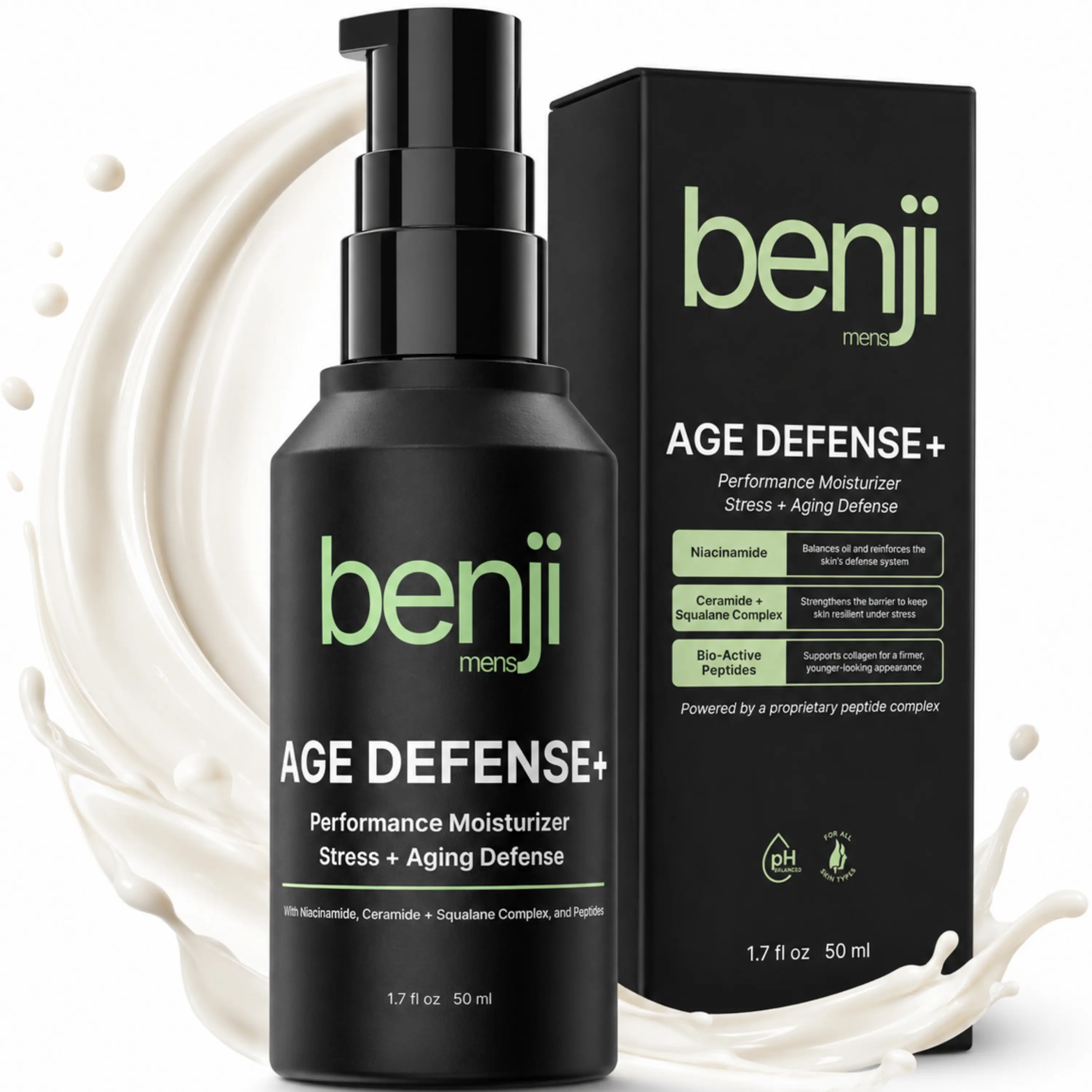 Age Defense+ Performance Moisturizer Anti Aging Face Cream with Peptides, Niacinamide, Ceramides, Squalane, & Hyaluronic Acid, Lightweight Non-Greasy Men Skin Care 1.7oz