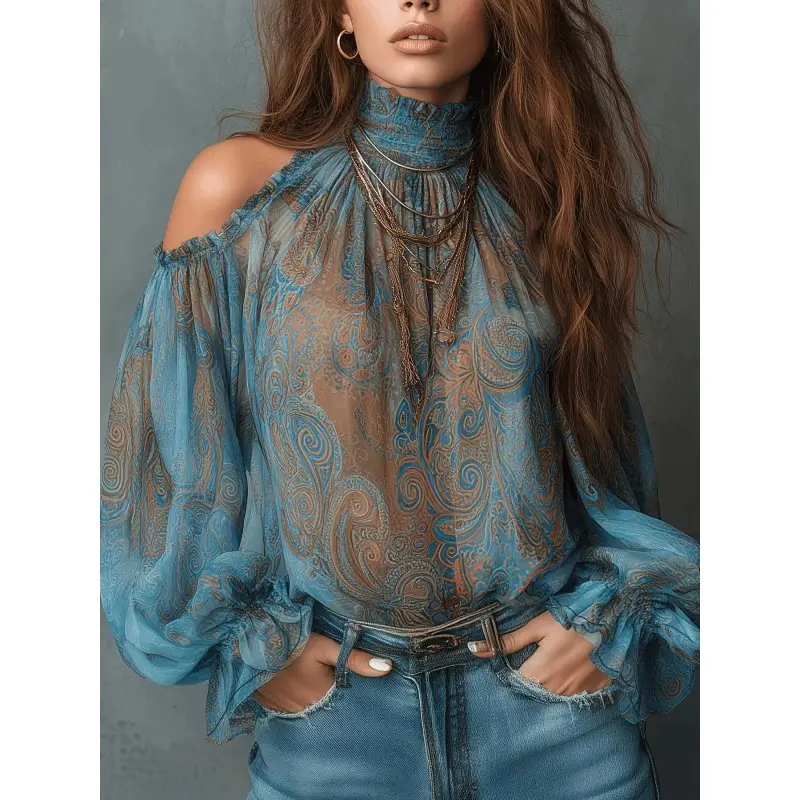 Women's Vintage Off-Shoulder Paisley Long Sleeve Blouse - Elegant Retro Top with Vintage Vibes, Style Inspo, Suitable for Casual & Formal Occasions (Lady's Shirt, Off Shoulder Top)