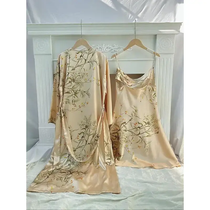 Women's Floral Print Belted Lounge Robe & Adjustable Cami Nightdress Satin Pyjama Set, Elegant Dressing Gown & Cowl Neck Backless Nightdress, Ladies SleepwearGift Women's Floral Print Belted Lounge Robe & Adjustable Cami Nightdress Satin Pyjama Set, Elegant Dressing Gown & Cowl Neck Backless Nightdress, Ladies SleepwearGift