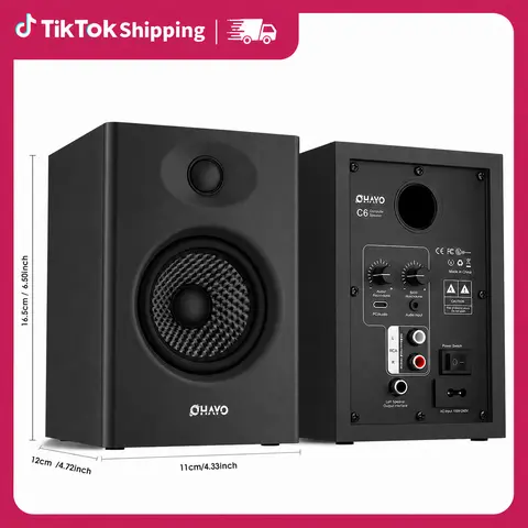OHAYO 60W Compact MDF Wood Dual Channel Bluetooth 5.3 Active 2.0 Stereo Speakers - 0.75in Carbon Fiber Silk Dome Tweeter, 3in Carbon Fiber Full-Range Driver, Integrated Sound Card, USB-C, 3.5mm Auxiliary Input, RCA Inputs, for Computer, Smartphone