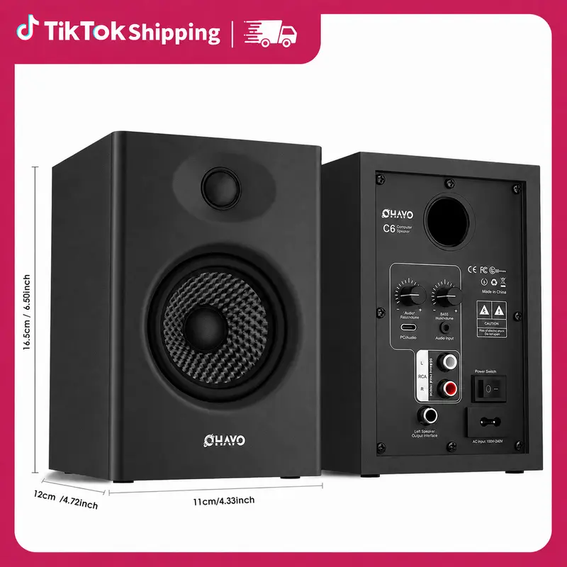 OHAYO 60W Compact MDF Wood Dual Channel Bluetooth 5.3 Active 2.0 Stereo Speakers - 0.75in Carbon Fiber Silk Dome Tweeter, 3in Carbon Fiber Full-Range Driver, Integrated Sound Card, USB-C, 3.5mm Auxiliary Input, RCA Inputs, for Computer, Smartphone