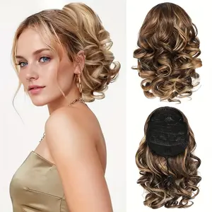 10 Inch Brown Blonde Water Wave Drawstring Ponytail Synthetic Extensions Stylish Fluffy Bun For Women Elastic Drawstring Wave Curly Hair Bun pony long tail claw