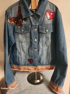 Sequin Embroidered Vogue Lady Denim Jacket Stylish jacket with butterfly and heart patches