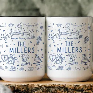 Personalized Bridal Mug with Names, Wedding Gift for Couple, Married Coffee Cup for Mr and Mrs, Bride and Groom with Pet Mugs